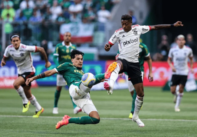 Bruno Henrique e Gustavo Gomez em disputa de bola em Palmeiras e Flamengo no Allianz Parque pelo Brasileirão 2024