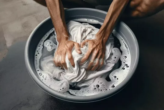Homem lavando roupas brancas para tirar mofo