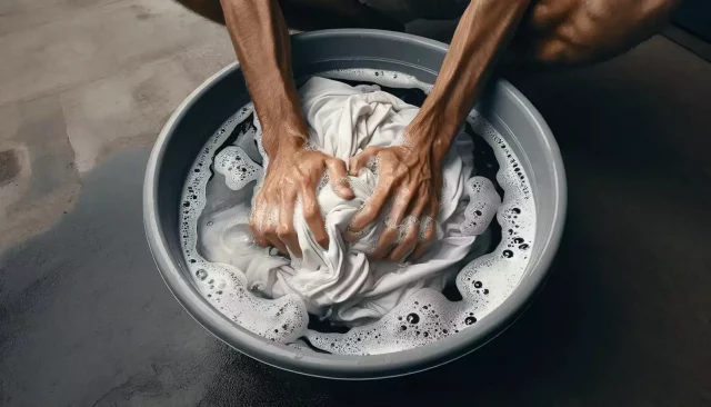 Homem lavando roupas brancas para tirar mofo
