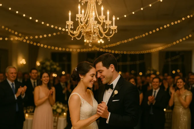 Os recém-casados compartilham sua primeira dança no salão de recepção, iluminado por um lustre de cristal (Foto: Equipe Gávea News)