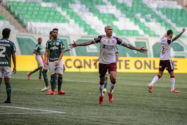 Pedro comemora gol marcado pelo Flamengo contra o Palmeiras no Campeonato Brasileiro 2021